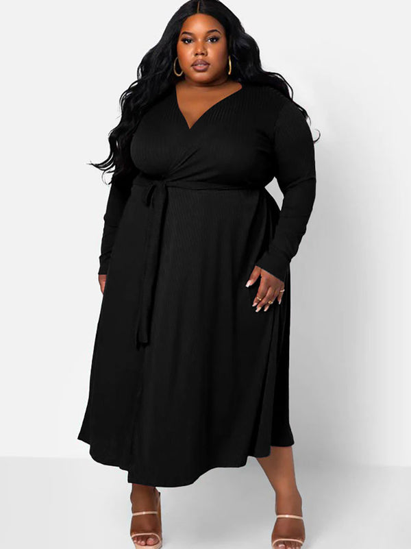 Plus Size Long Sleeves Knit Belted Loose Midi Dress