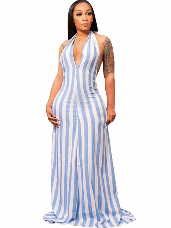 Striped Halter Neck Backless Maxi Dress