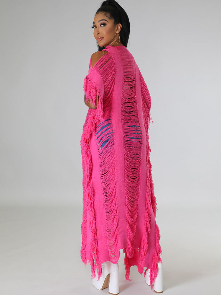 Knit Tassels Short Sleeves Long Cardigan