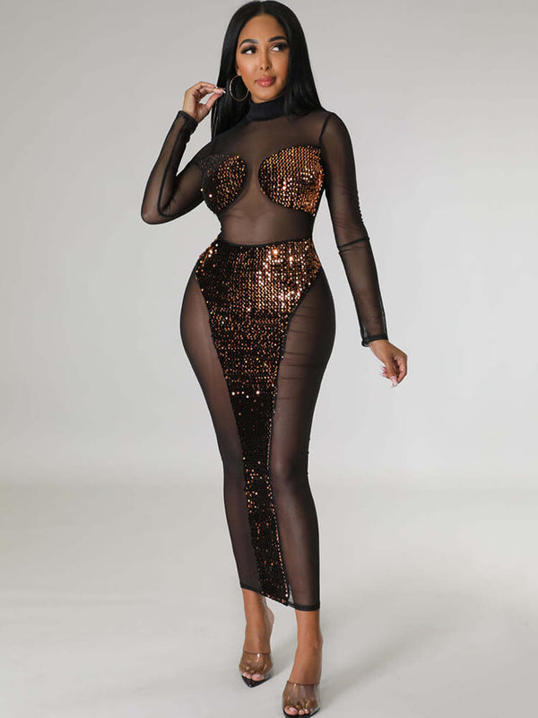 Mesh Sequin Patchwork Long Sleeve Midi Dress