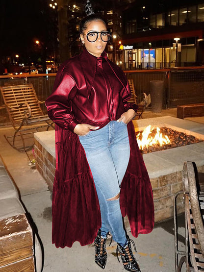 PU Mesh Patchwork Long Sleeve V Neck Top