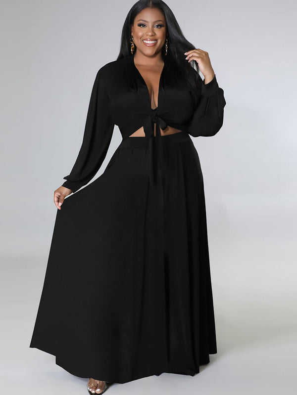 Two Piece Long Sleeve Crop Top Maxi Skirts