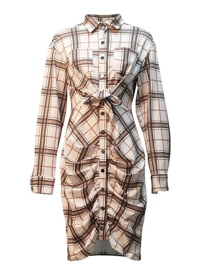 Long Sleeve Plaid Print Ruched Midi Dress