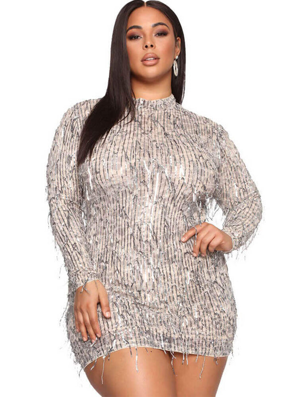 Glitter Long Sleeve Tassel Bodycon Mini Dress