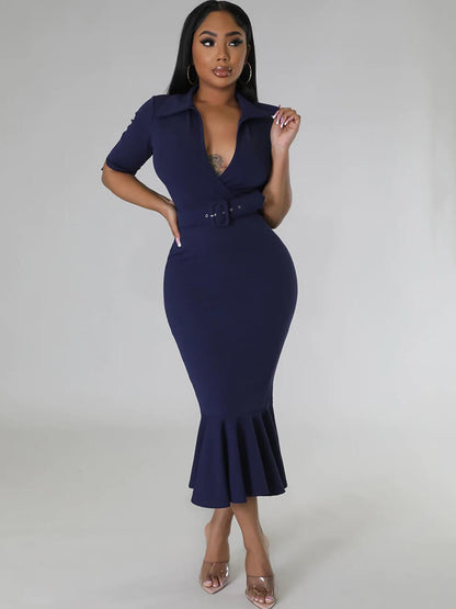 Short Sleeve V Neck Bodycon Midi Dress