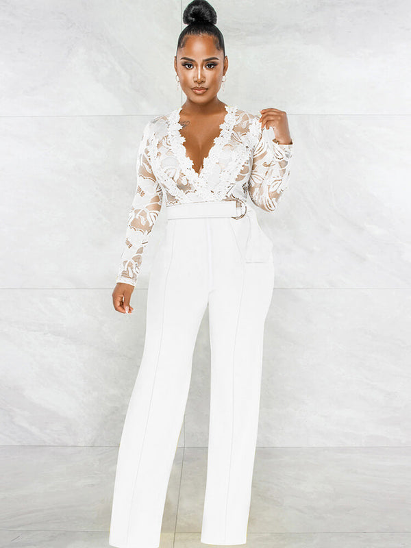 Lace Patchwork Long Sleeve V Neck Jumpsuit