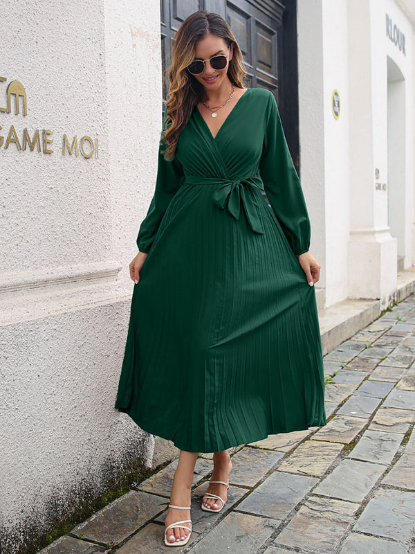 Long Sleeve V Neck Pleated Maxi Dress