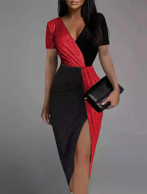 V Neck Wrap Slit Sparkly Midi Dress