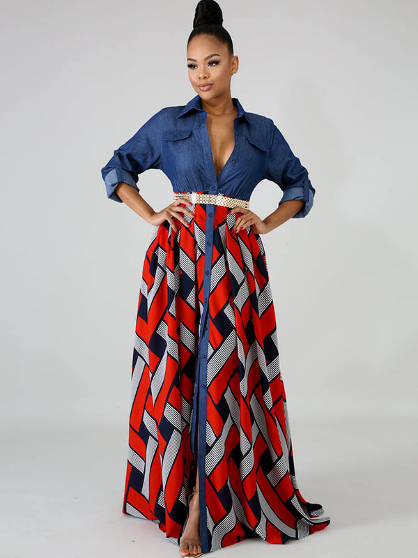 Denim Long Sleeve Plaid Patchwork Maxi Dress