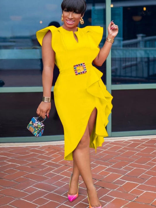 Sleevelesss Ruffle Patchwork Bodycon Midi Dress