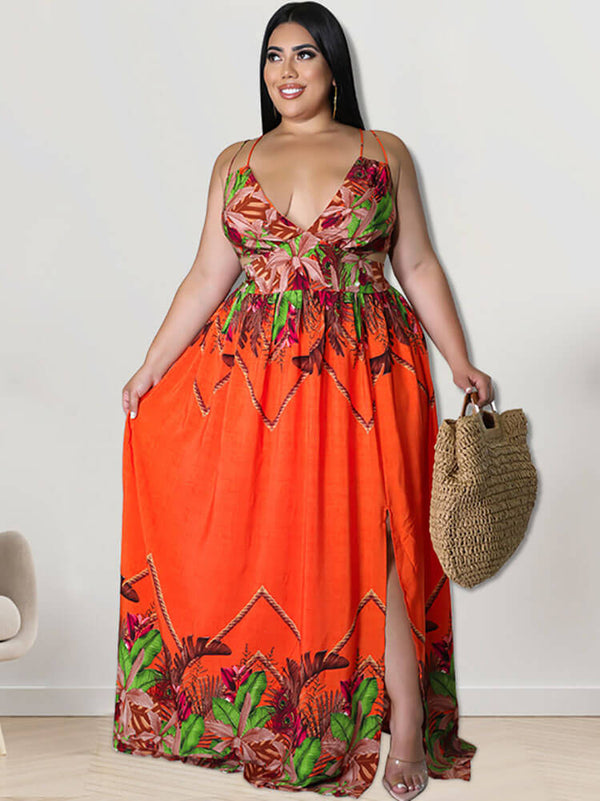 V Neck Floral Print Maxi Dress