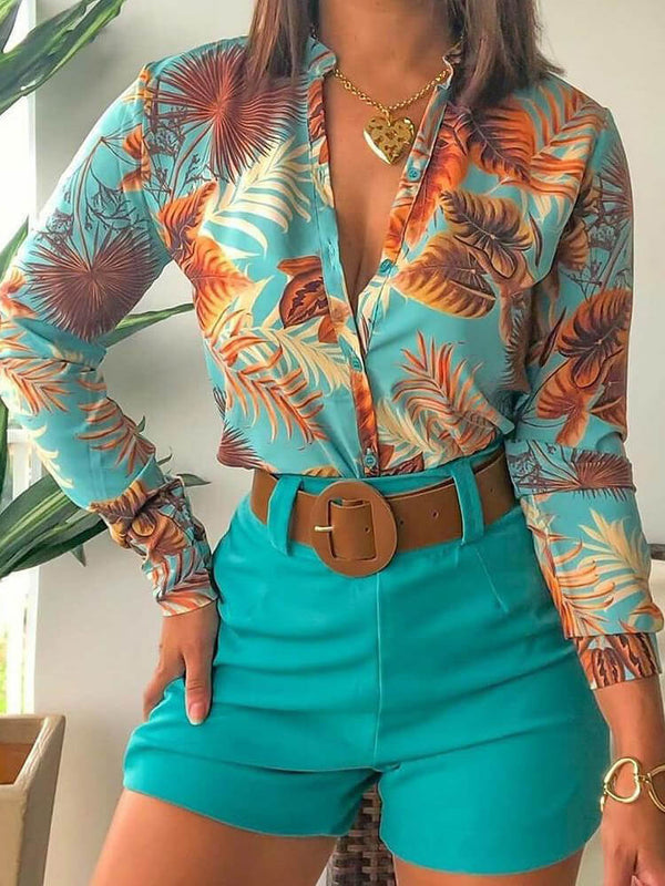 Two Piece Long Sleeve Shirt High Waist Shorts