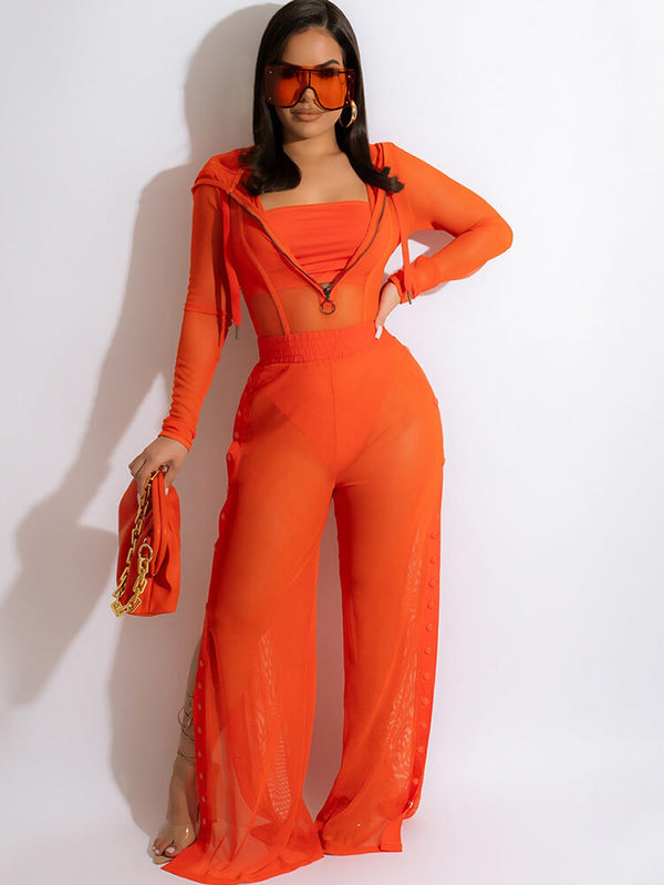 Three Piece Mesh Long Sleeve Pant Suit