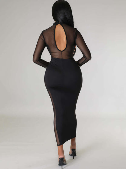 Vestidos midi de manga larga con patchwork de lentejuelas de malla