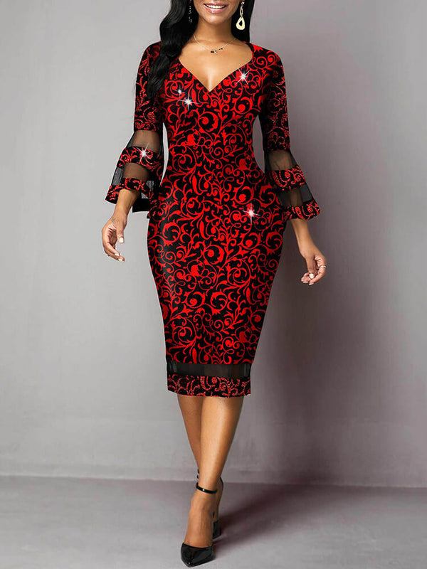 Bell Sleeve Floral Print Bodycon Midi Dress