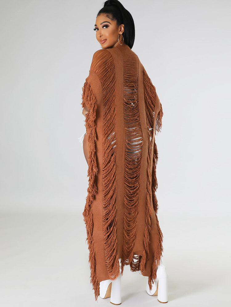 Knit Tassels Short Sleeves Long Cardigan