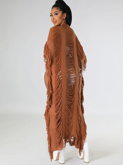 Knit Tassels Short Sleeves Long Cardigan