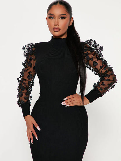 Vestidos midi florales de manga larga con patchwork de malla