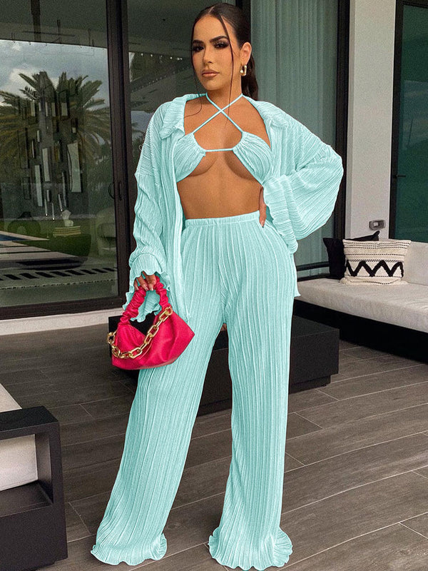 Three Piece Bikini Cardigan Wide Leg Outfits