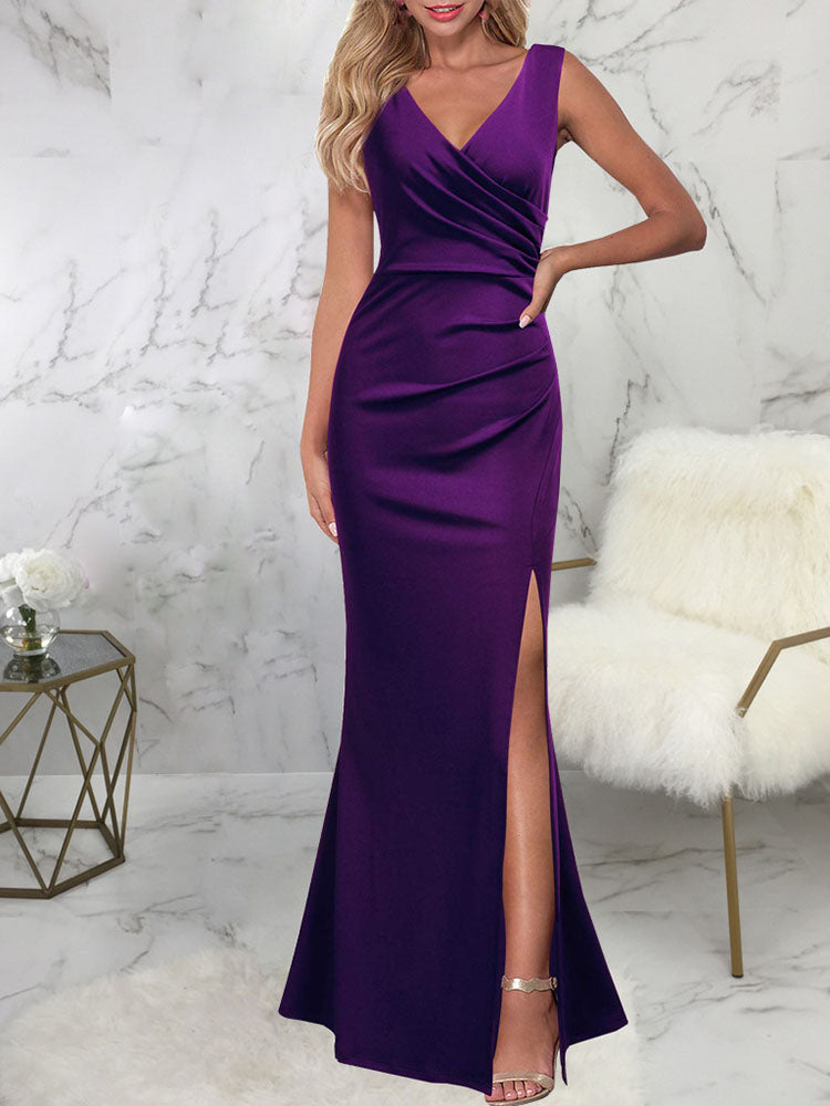 Vestidos largos con abertura fruncida sin mangas