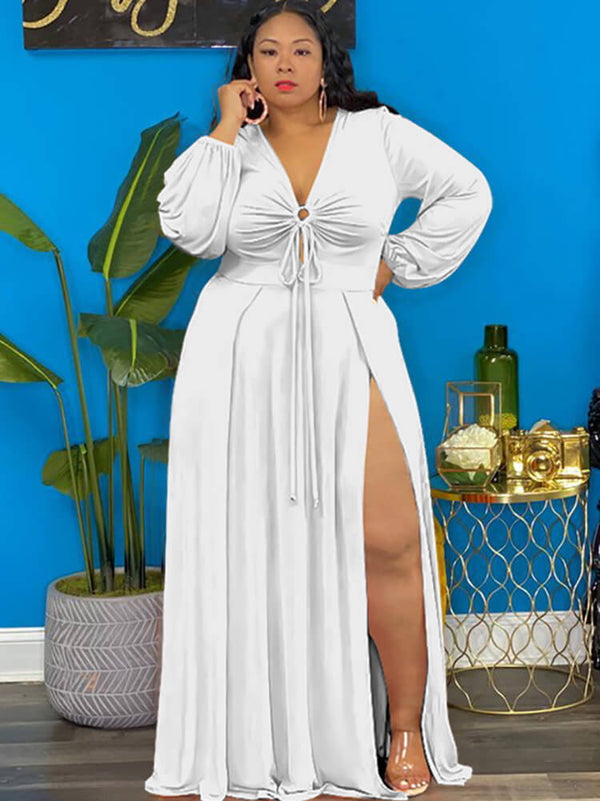 Long Sleeve Lace Up Split Maxi Dress