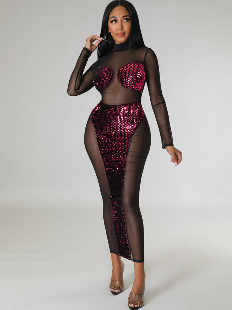 Vestidos midi de manga larga con patchwork de lentejuelas de malla