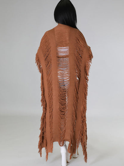 Knit Tassels Short Sleeves Long Cardigan