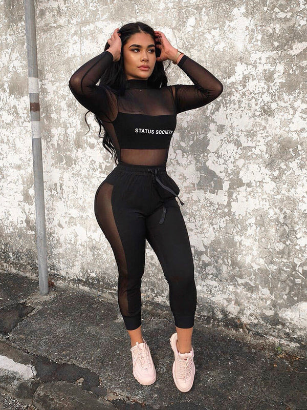 2 Piece Outfits Mesh Crop Top Pants Suit