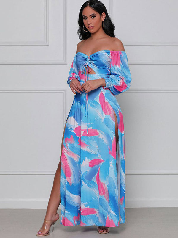 Off Shoulder Floral Print Flowy Maxi Dress