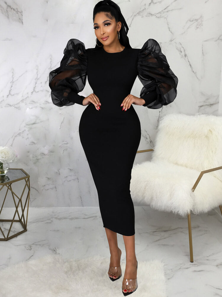 Vestidos midi ajustados con patchwork y manga farol