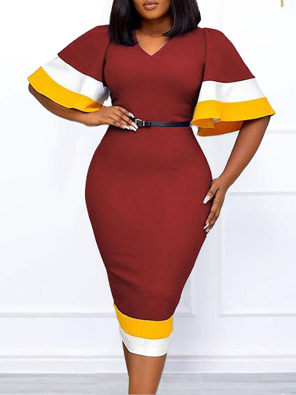 Bell Sleeve Color Block Bodycon Midi Dress