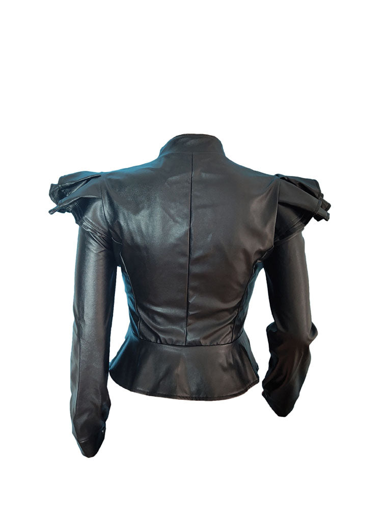 PU Leather Ruffle Long Sleeves Jacket