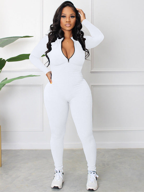 Long Sleeve Zipper Front Bodycon Jumpsuit