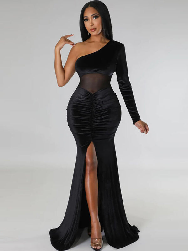 One Shoulder Mesh Patchwork Maxi Dress