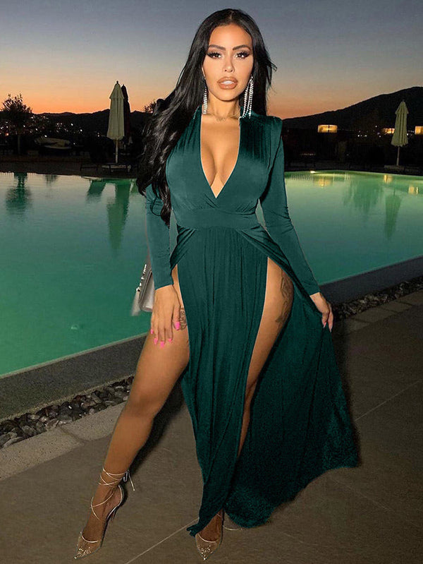 V Neck Solid Color Long Sleeve Slit Maxi Dress