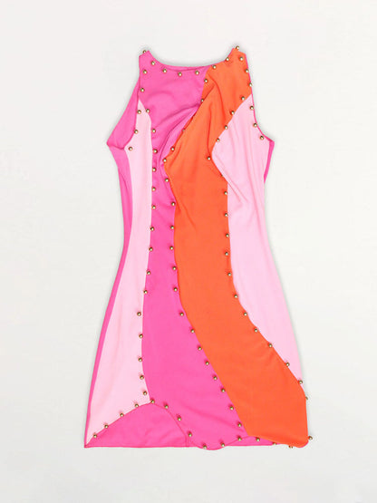 Sleeveless Color Block Beads Mini Dress