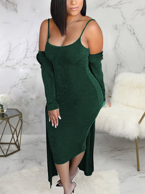 Two Piece Spaghetti Strap Midi Dress Long Cardigan Set