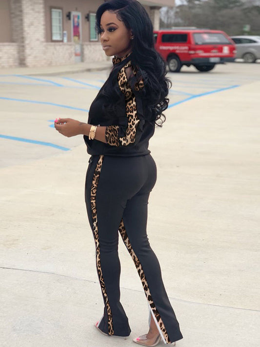 Trajes de pantalón de dos piezas con estampado de leopardo y patchwork