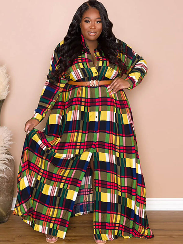 Long Sleeve Plaid Print Bodycon Maxi Dress