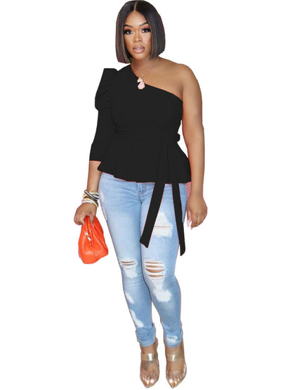 One Shoulder Ruffle Sleeveless Pullover Top