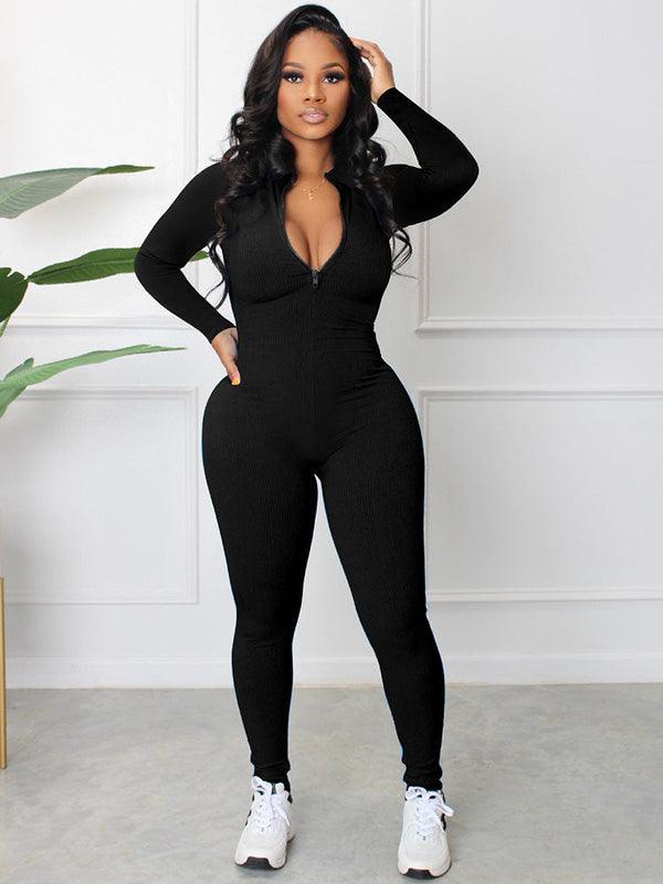 Knit Long Sleeves Zipper Bodycon Jumpsuit