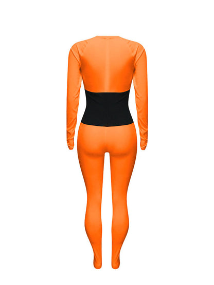 Long Sleeves Color Block Tie Up Jumpsuit