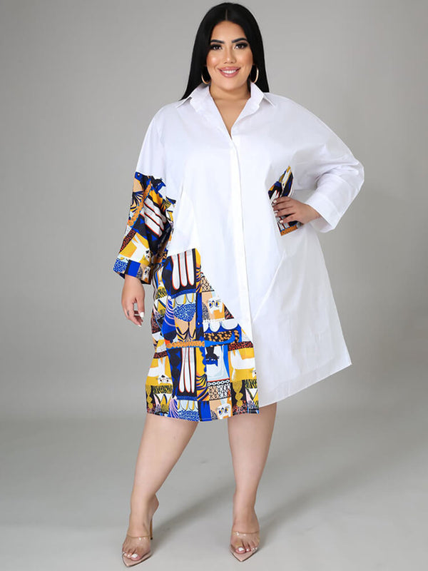 Plus Size Long Sleeve Loose  Shirts Midi Dress