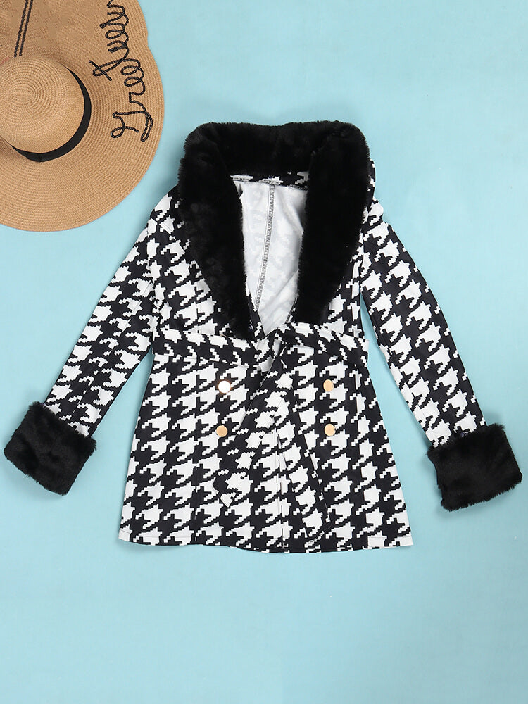 Houndstooth Long Sleeve Patchwork Woolen Coat