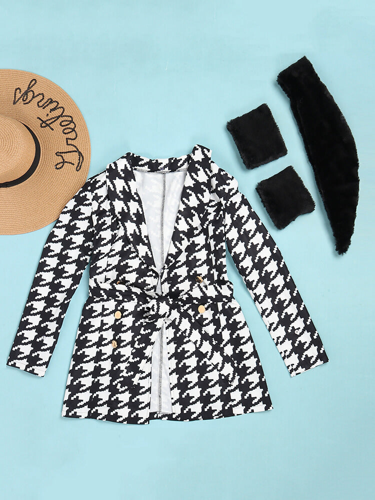 Houndstooth Long Sleeve Patchwork Woolen Coat
