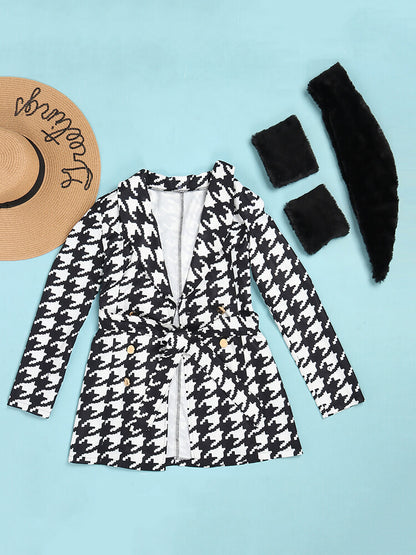 Houndstooth Long Sleeve Patchwork Woolen Coat