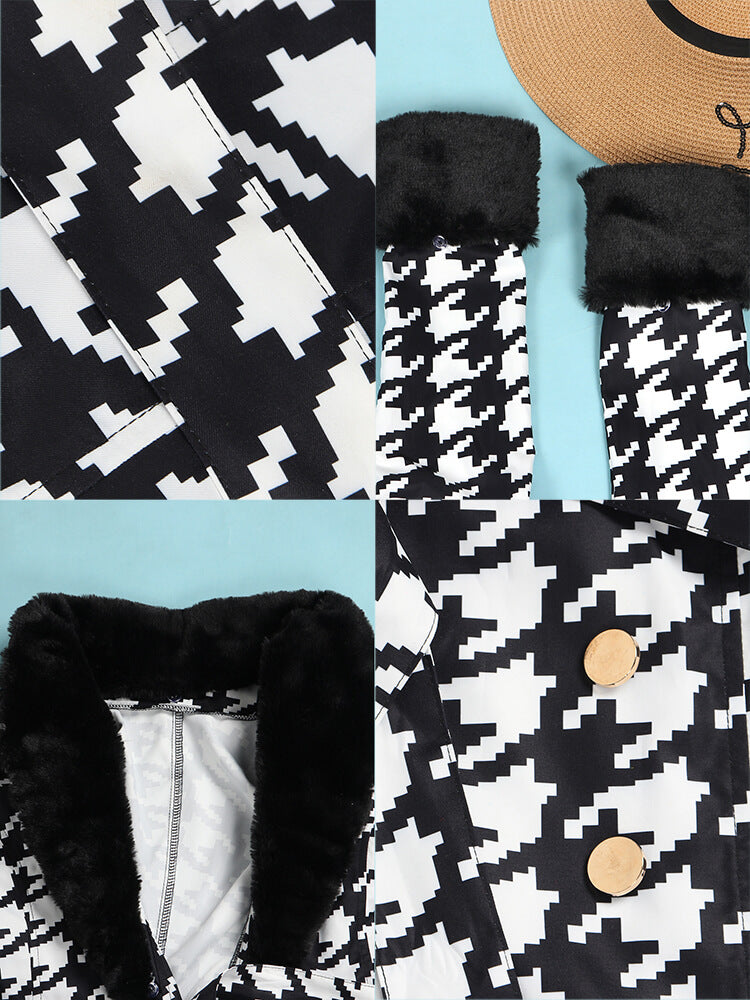 Houndstooth Long Sleeve Patchwork Woolen Coat
