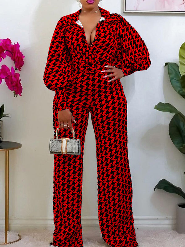 Long Sleeve Houndstooth Wide Leg Jumpsuit