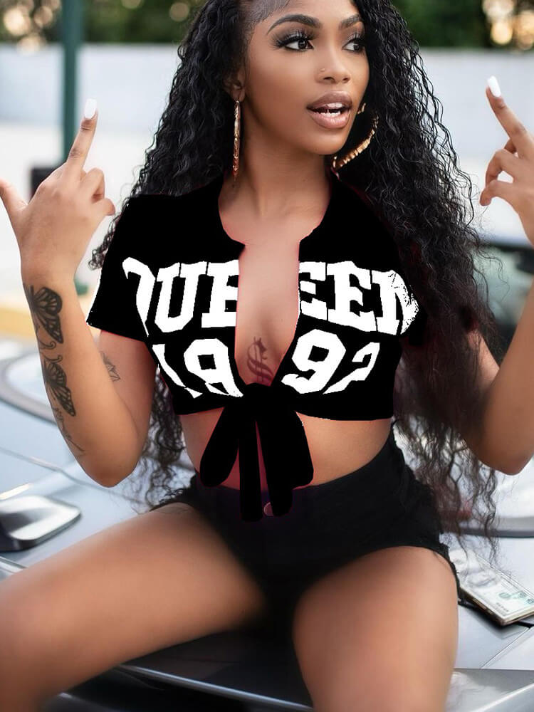 Short Sleeve Letter Print Lace Up Top