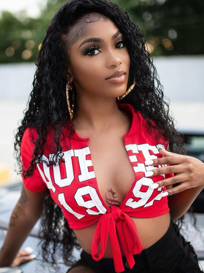 Short Sleeve Letter Print Lace Up Top